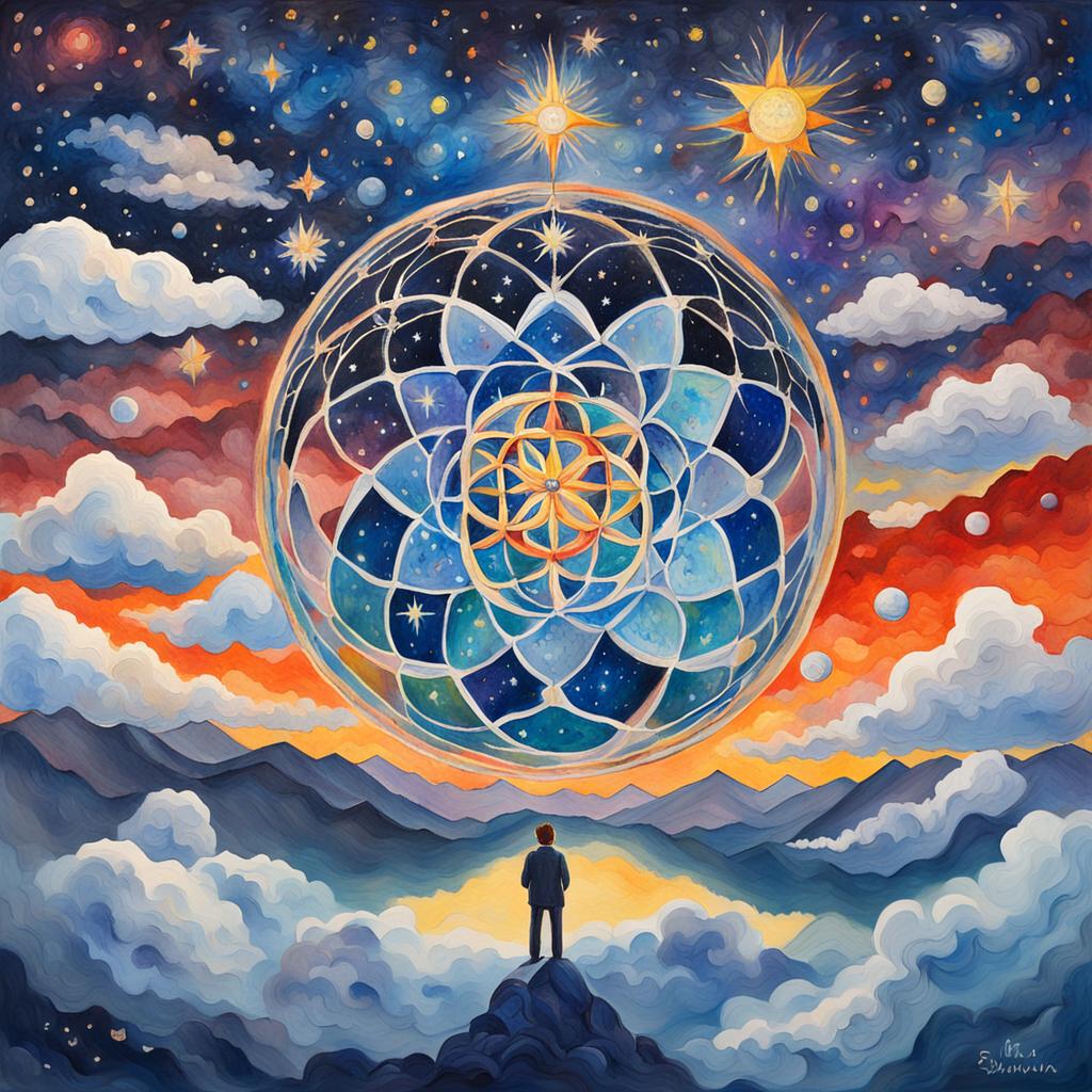 Person standing on a peak looking at a cosmic sphere
